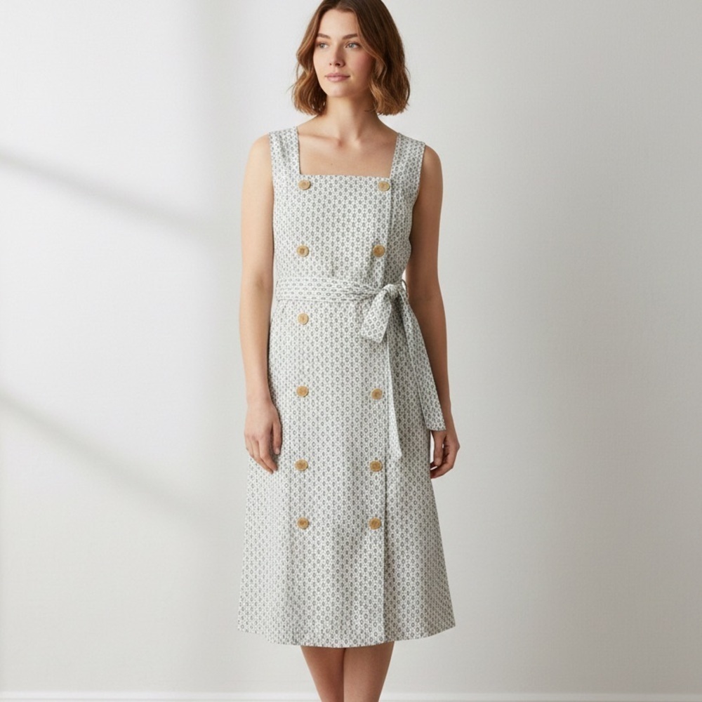 A New Day Linen Blend Square Neck Button Midi Dress Size 4